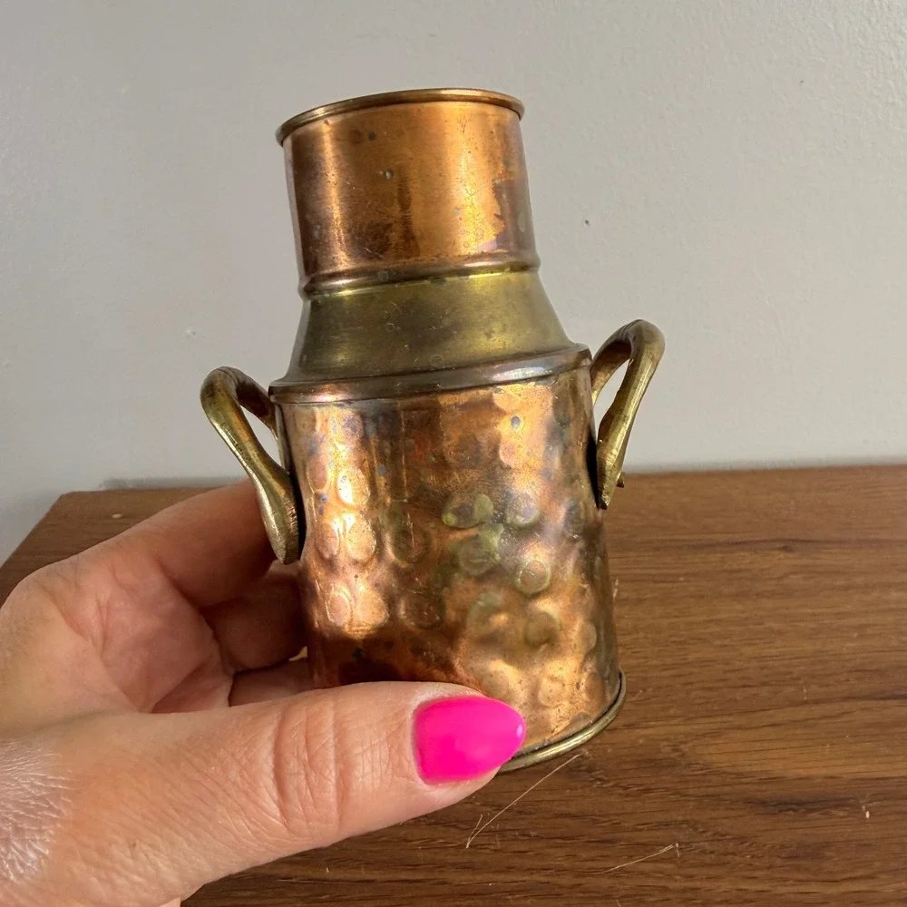 Vintage C.C.A.C. Copper Brass Mini Milk Can Vase India Hammered Patina